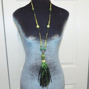 CHICOS GREEN SILK THREAD WOUND BEADS WITH SILKY RIBBON TASSEL 34"L NECKLACE 74